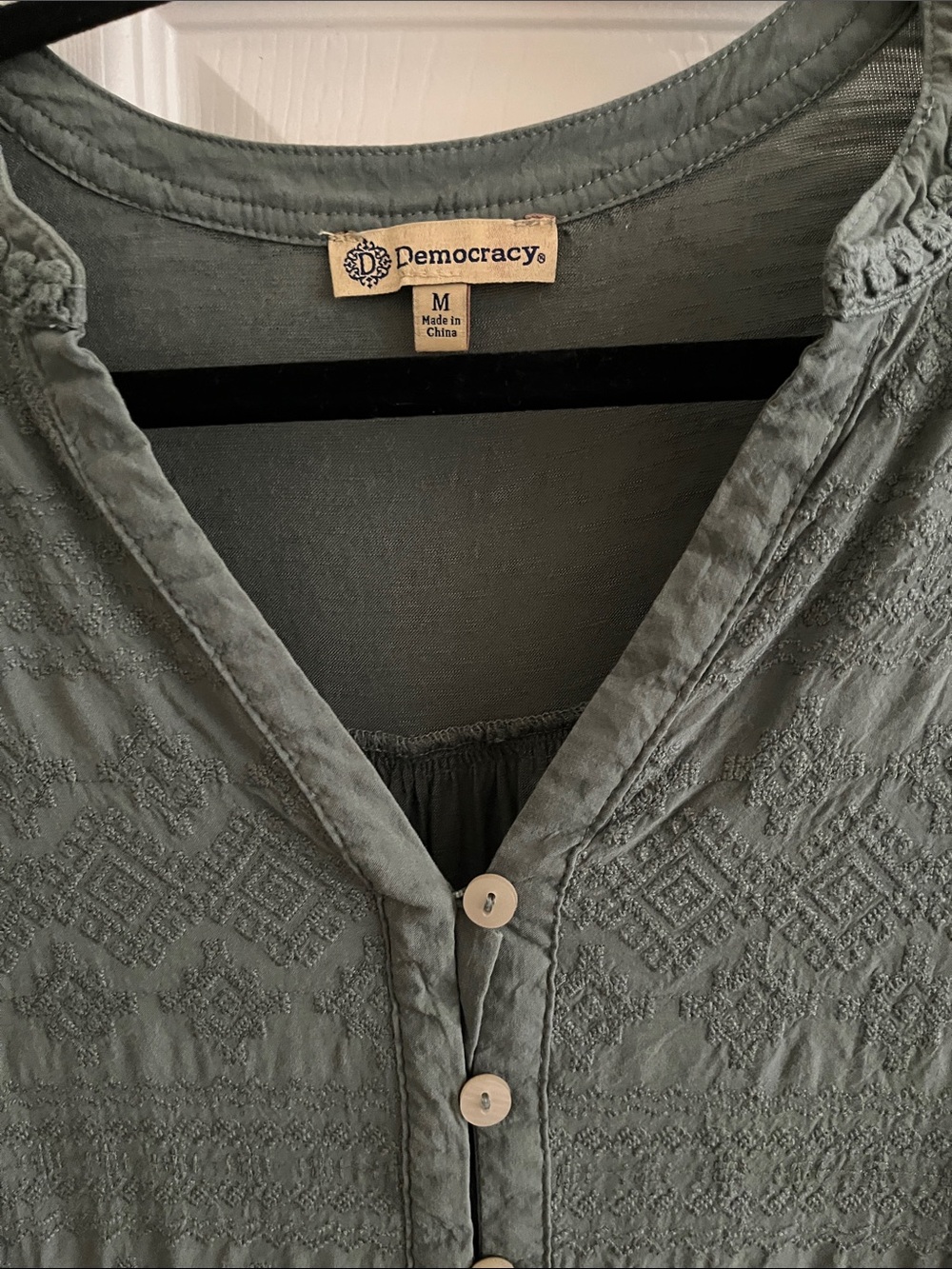 Democracy Olive Green Embroidered Button-Front Henley Blouse - Picture 2 of 7
